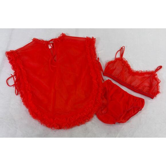Unbranded Other - Vintage Sheer Red Bra, Bloomers and Smock Top Ruffled Trim Bows No Tags Charity
